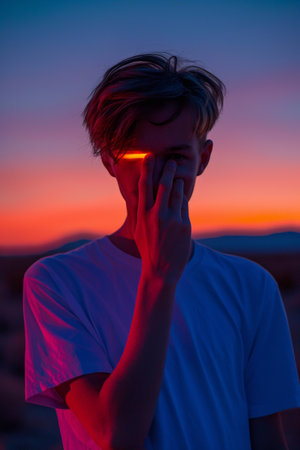 Young man covering his mouth with hand and looking at the sunset.の素材