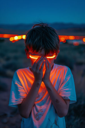 Boy covering his face with a sheet of paper with red led lightの素材