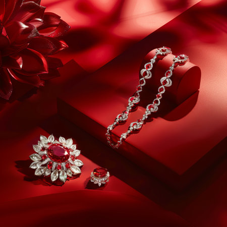 jewelry on a red satin background, close-upの素材