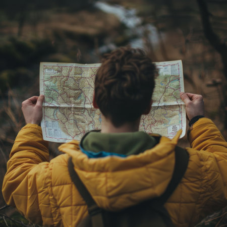 A young man with a backpack is looking at a map in the forest.の素材