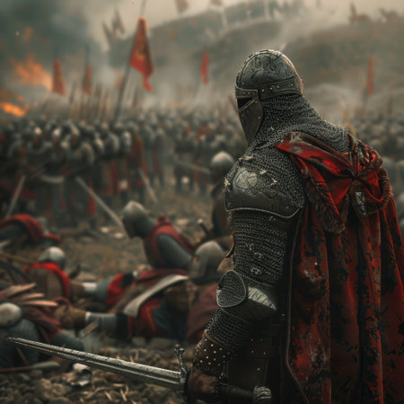 Medieval battle scene with knight in armor and sword. Selective focusの素材