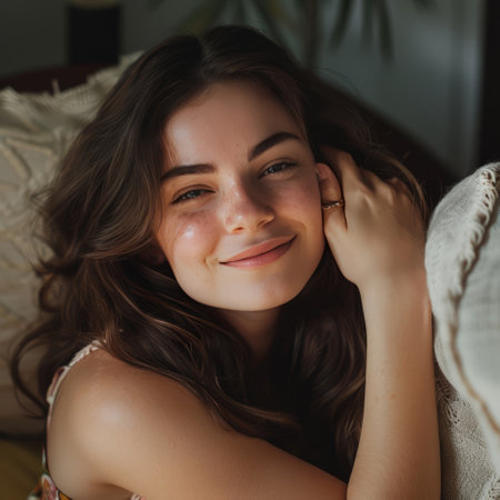 Portrait of beautiful young woman with long wavy hair at homeの素材