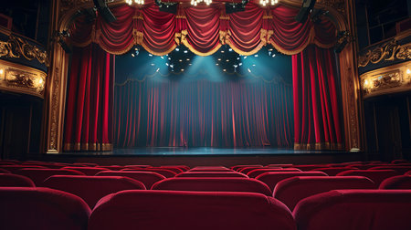 Movie or theater stage with red seats and spotlights. Cinema backgroundの素材
