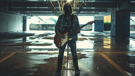 Young man playing guitar in underground parking lot. Urban lifestyle concept.の素材