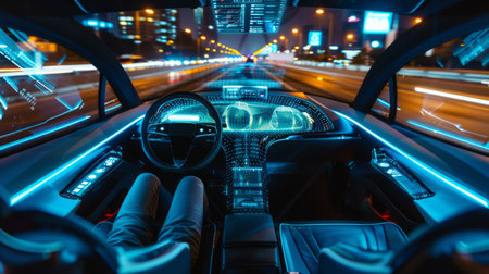 View from inside the car on the road with motion blur and lights.の素材