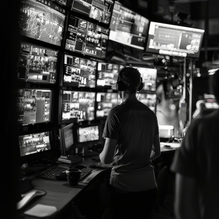 Security guard monitoring modern CCTV cameras in a surveillance room at night.の素材