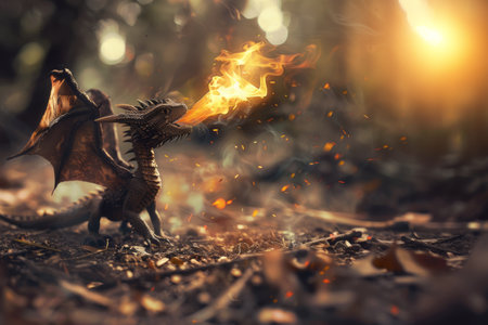 Fantasy dragon in the forest with fire and smoke. Fantasy dragon.の素材