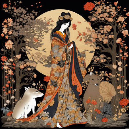 Illustration of a beautiful girl in a Japanese kimono.の素材
