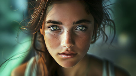 Close-up portrait of a beautiful young woman with green eyes.の素材