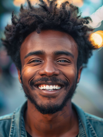 Portrait of a young african american man smiling outdoors.の素材