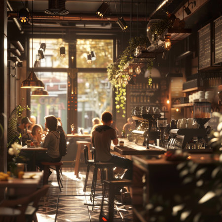 Coffee shop interior with people silhouettes in the background.の素材