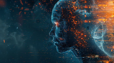 Digital composite of Digital composite image of human brain against blue and orange backgroundの素材