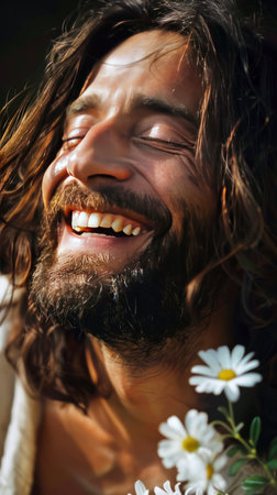 Handsome man with long beard, mustache and stylish hair. Close-up portrait of young man with daisy flowers.の素材