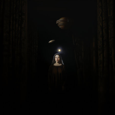 Nun in a dark room with a light coming through the windowの素材