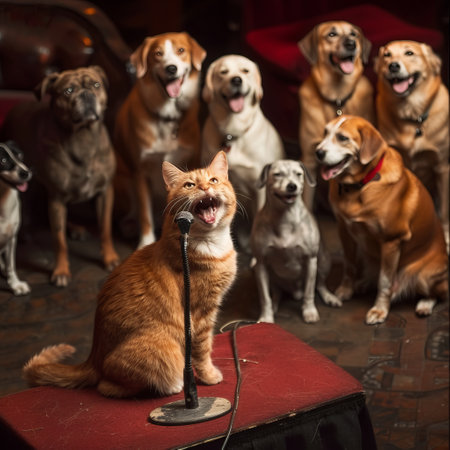 Group of stray cats and dogs with a microphone on a red chairの素材