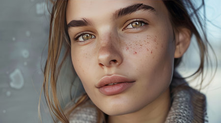 Close-up portrait of a girl with freckles on her faceの素材