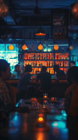 Young people sitting in a bar and drinking beer. Blurred backgroundの素材