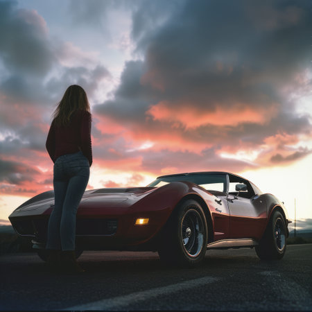 Back view of a woman standing on the road and looking at her red sport carの素材