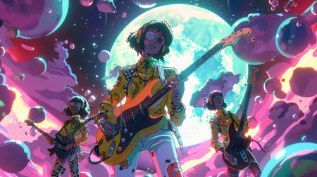 Illustration of a female rock band playing the guitar on a cosmic backgroundの素材