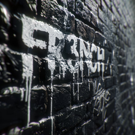 Black brick wall with graffiti on it. Abstract background texture for design.の素材