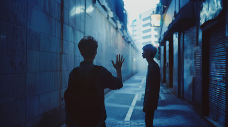 two young man walking in the city at night, lifestyle people conceptの素材