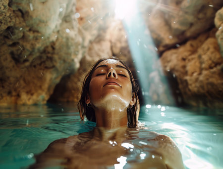 Beautiful young woman relaxing in a pool with turquoise waterの素材