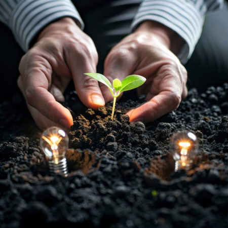 Close-up image of human hands holding light bulb and plant growing in soilの素材