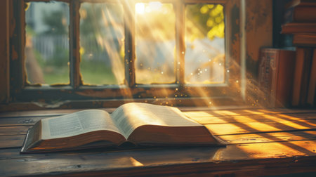 Open book on a wooden table in the rays of the sun.の素材