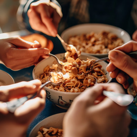 Close-up of a group of people eating cereals at homeの素材