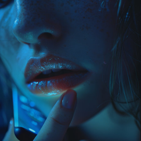 Closeup portrait of a beautiful young woman with bright red lips.の素材