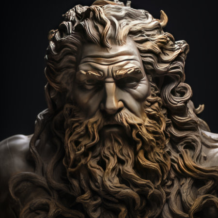 Ancient statue of the Greek god Zeus on a dark background. Close up.の素材