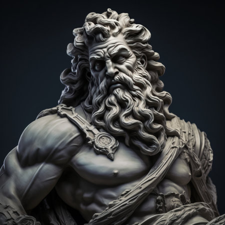 Sculpture of the ancient Greek god Zeus on a dark background.の素材