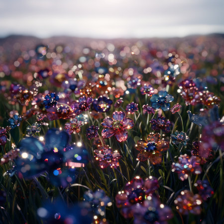 Beautiful spring flowers in the field at sunset. Shallow depth of fieldの素材