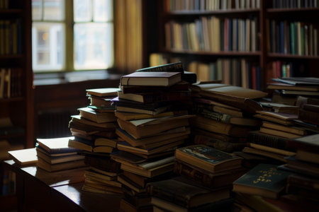 A pile of old books on a table in an old library.の素材