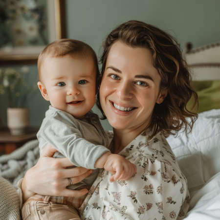 Portrait of a happy mother with her baby on the bed at homeの素材