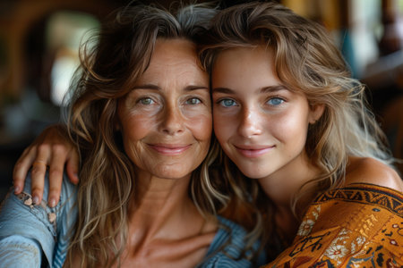 Portrait of mother and daughter looking at camera and smiling while sitting in cafeの素材