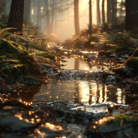 Foggy morning in the forest. The sun's rays are reflected in the water.の素材