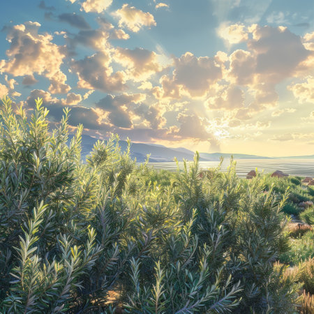 Olive tree on the background of the sea and sky with cloudsの素材