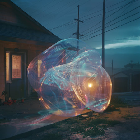 abstract image of a soap bubble in front of a house at nightの素材
