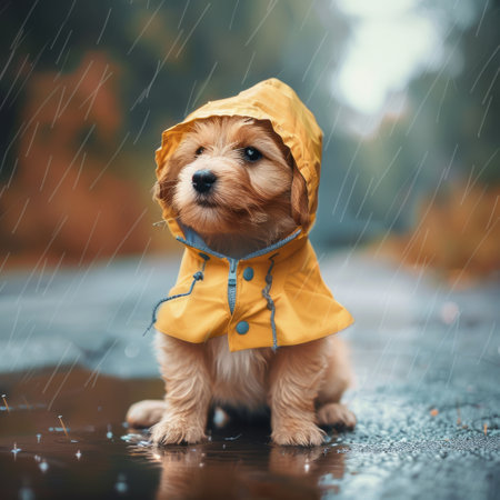 Cute puppy in raincoat and raincoat standing in puddleの素材