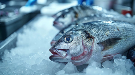 Fresh fish on ice in the supermarket. Shallow depth of fieldの素材