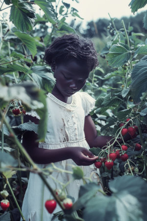 Beautiful african american little girl picking strawberries in the gardenの素材