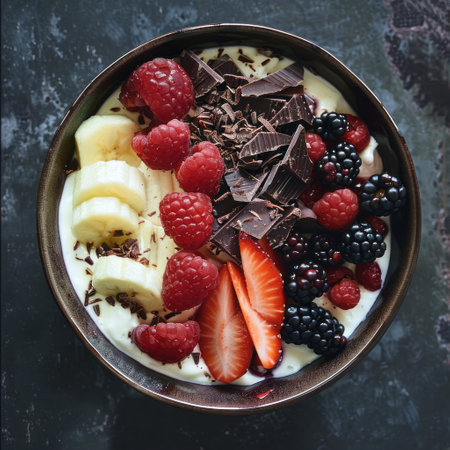 Healthy breakfast bowl with greek yogurt, fresh berries and chocolate, top viewの素材