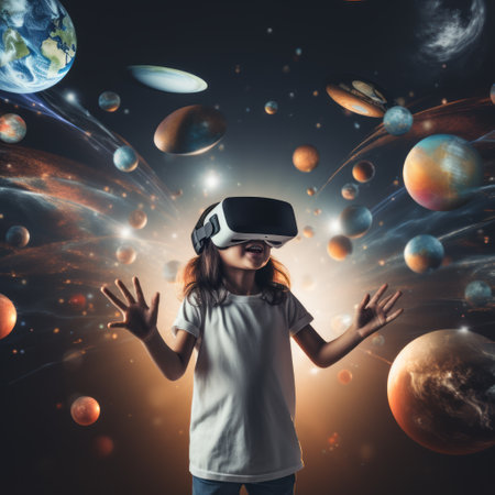 Little girl wearing virtual reality goggles. Future technology concept. 3D Renderingの素材