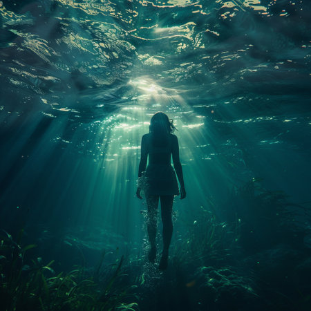 Underwater view of young woman in swimsuit looking at sun raysの素材