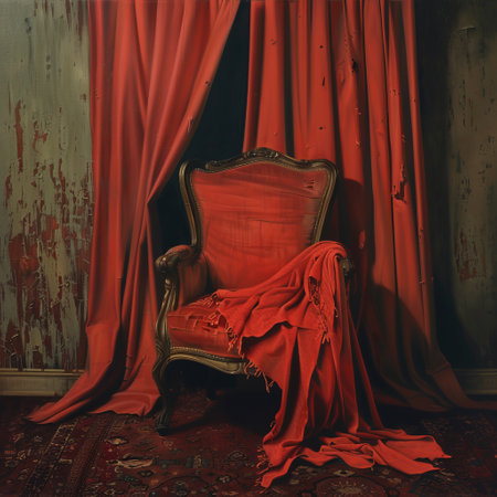 vintage armchair with red cloth in a room with red curtainsの素材