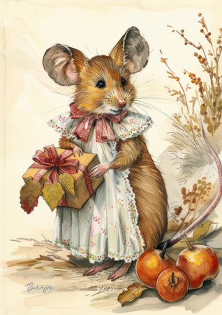 Vintage postcard with a hamster in a dress with a gift boxの素材