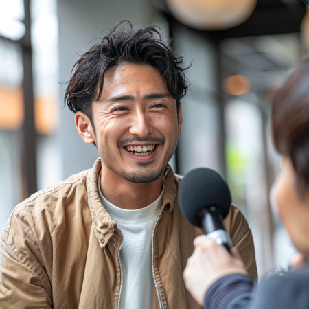 Young asian man speaking with a microphone in the coffee shop.の素材