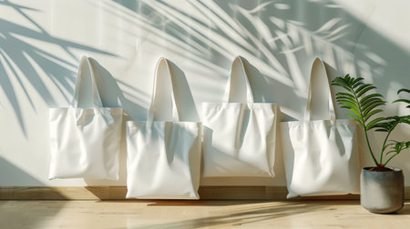 Eco bag mockup with palm leaf shadow on white wall.の素材