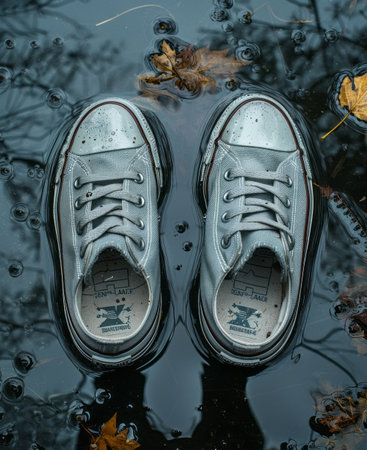 Pair of grey sneakers in a puddle with autumn leaves.の素材